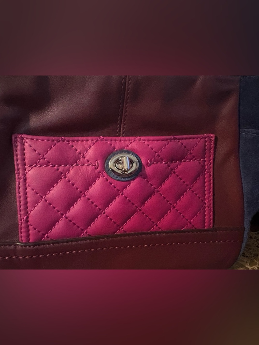 Coach Two-Tone Navy, Burgundy & Pink Quilted Leather & Suede Tote - Picture 2 of 5
